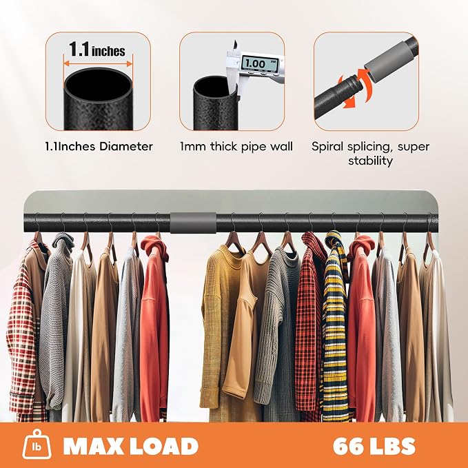 Heavy Duty Closet Rod 17-70 Inches, Adjustable, Black | Metal,1.1 Inches Diameter, Suitable for Wardrobes, Laundry