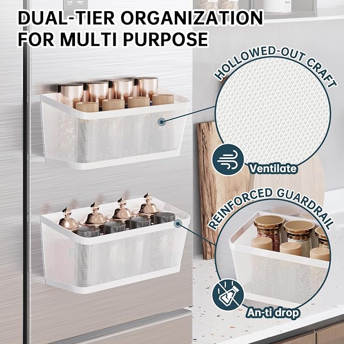 2Pcs Magnetic Spice Rack for Refrigerator, White Magnetic Shelves | Powerful Magnet Hanging Basket Holder, Magnetic Organizer Shelf for Fridge, For Seasonings Fruit Vegetables Coffee Beans