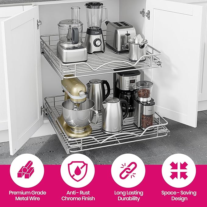 2-Tier Pull-Out Cabinet Organizer with Heavy-Duty Steel Frame, Full-Extension Sliding Shelves, Holds 100 lbs, Easy Install for Kitchen, Pantry & Under Sink Cabinets, 8" W x 21”D x 16.5" H