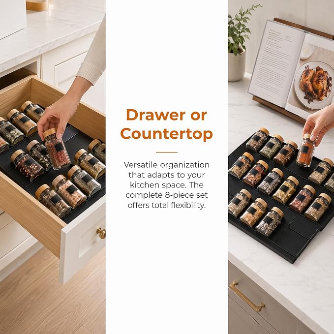 8 Pack Spice Drawer Organizer, Expandable Spice Seasoning Rack Organizer Tray Insert Holds up to 32 Jars (Jars Not Included)