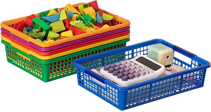 Basicwise 6-pc Assorted Colors Plastic Storage Basket Stackable Organizers for Paper Books Craft Supplies Pantry Items or Classroom Use Multi-Purpose Desk Accessories for Home School Daycare or Office