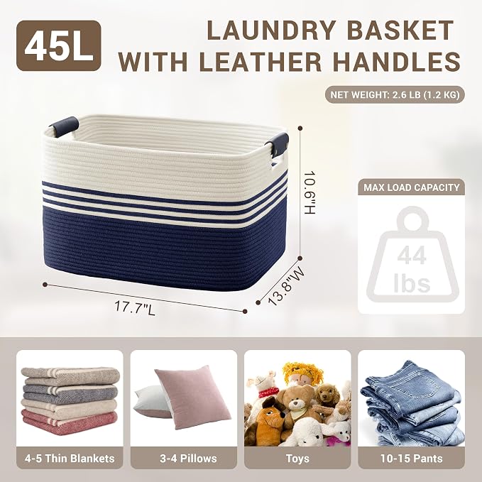 45L Small Woven Laundry Basket Hamper with Leather Handles,Navy | 18"x14"x11", collapsible wicker hamper, storage for dirty clothes, toys, blankets, gifts, living room, bedroom, bathroom