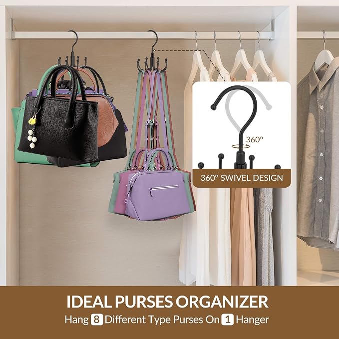 ZEDODIER 2 Pack Purse Hanger Organizer for Closet, Rotatable Sturdy Purses Holder Holds 16 Bags, Metal Space Saving Closet Organizers and Storage, Black