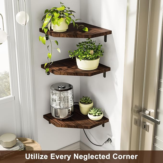 Alsonerbay Pine Wood Corner Shelves with Cord Hole 3-Pack, Carbonized Black | Diamond-shaped, cable management, 40 lbs/shelf, 0.79" thick pine, L-shaped metal brackets, for router & media devices