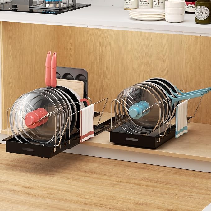 Golener Pots and Pans Organizer Under Cabinet, Pot Lid Holder, 2 Pack | No Drill Slide-Out Pan Organizer with Adjustable Dividers & Handle Bracket, Pan Storage Inside Cabinet for Kitchen