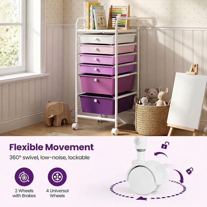 GOFLAME 6-Drawer Rolling Storage Cart, Multifunctional Art Craft Organizer Cart, Mobile Utility Storage Cart with Removable Drawers & Lockable Wheels, Craft Cart for Home Office, Purple Gradient