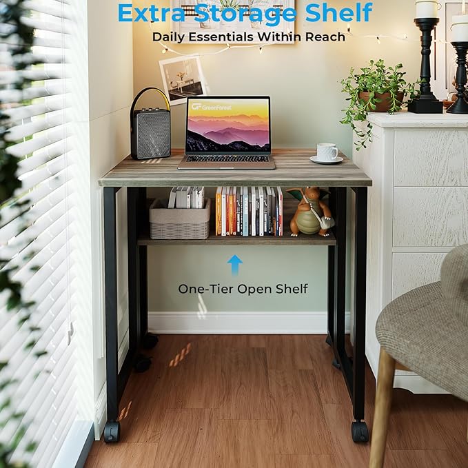 GreenForest Folding Desk with Wheels, 31.5" Rolling Table for Small Spaces | Storage Shelf, Lockable Casters, Compact Portable Workstation, Space-Saving Foldable Sofa Table, Home Office, Mobile, Grey