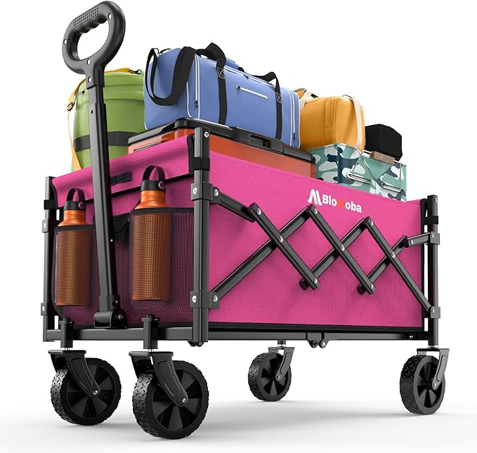Collapsible Wagon with Wheels, 220 lbs Wagons Carts Foldable Wagon Cart with Flexible Handle, Lightweight Portable Folding Utility Grocery Shopping Cart for Grocery Sports Garden Camping, Pink