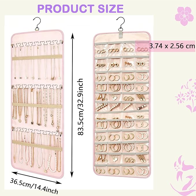 Hanging Jewelry Organizer, Double-Sided Jewelry Organizers and Storage with 48 Pockets and 21 Hooks for Necklaces Earrings Rings, Jewelry Travel Roll Over the Door for Closet Wall (1, Pink)