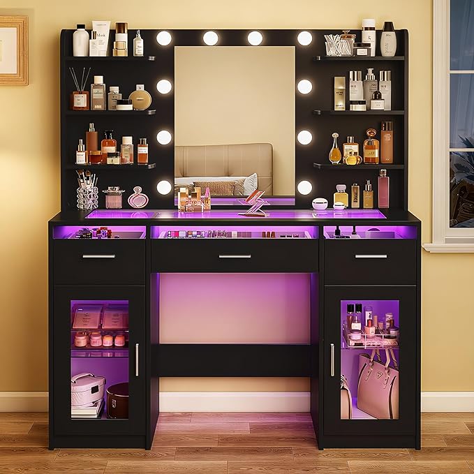 HUAHUU Vanity Desk, Makeup Vanity Desk with Mirror and Lights 3 Colors, Transparent Top with 3 RGB Drawers, 6 Shelves, 2 Large Tempered Cabinets, Power Outlet, for Bedroom, Black
