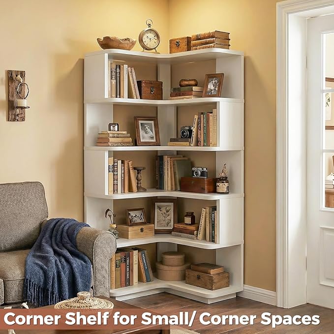 Besiost Corner Book Shelf, 6-Shelf Corner Bookshelf for Small Corner Spaces, L-Shape Bookcase Corner Display Shelf for Home Office, Living Room, Bedroom, White