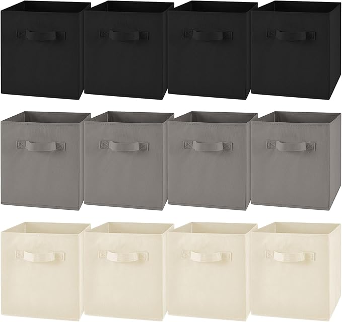 Yinder 12 Pcs Cube Storage Bin Grey 10.5''x10.5''x11'' Black Beige Storage Bins for Playroom Decor Colorful Bins for Kids Foldable Baskets for Nursery Organizer Boxes Fabric Boxes