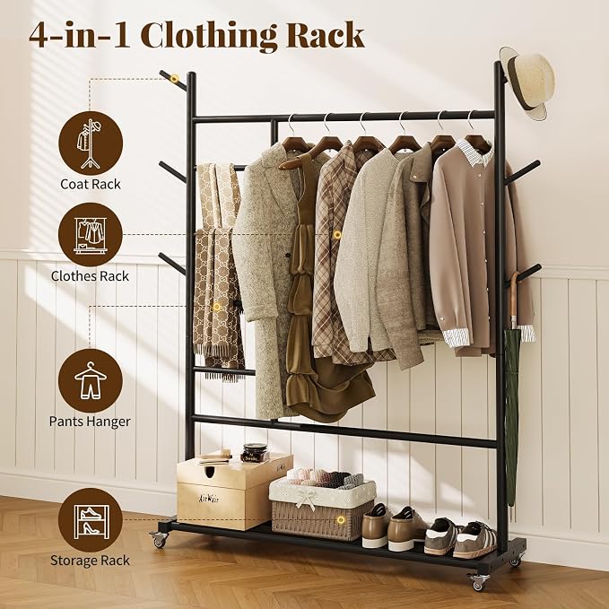 Yoobure Solid Wood Clothing Rack - Rolling Clothes Rack with Wheels, 4-in-1 Coat Rack with Pants Rack & Shelf, Freestanding Clothing Racks for Hanging Clothes, Garment Rack for Closet Bedroom Entryway
