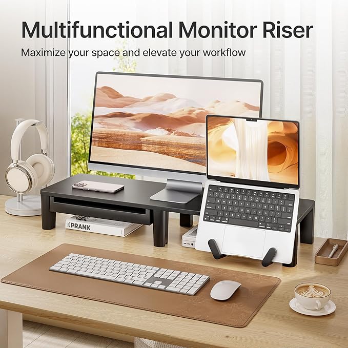 PEGZONE Ergonomic Monitor Stand Riser with Storage Drawer | Computer Riser For PC, Laptop,31.5" desk monitor stand,Desktop Shelf Organizer,For Home Office