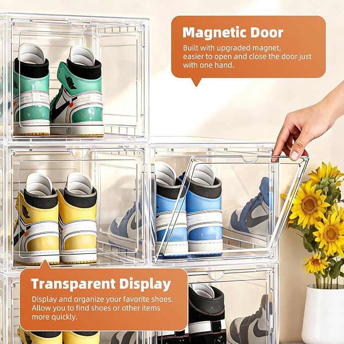 KEFA XL Shoe Storage Box Organizer, 8 Pack Shoe Boxes Clear Plastic Stackable, Sneaker Display Case Container Fit for US 15 (Drop 8 PACK CLEAR)