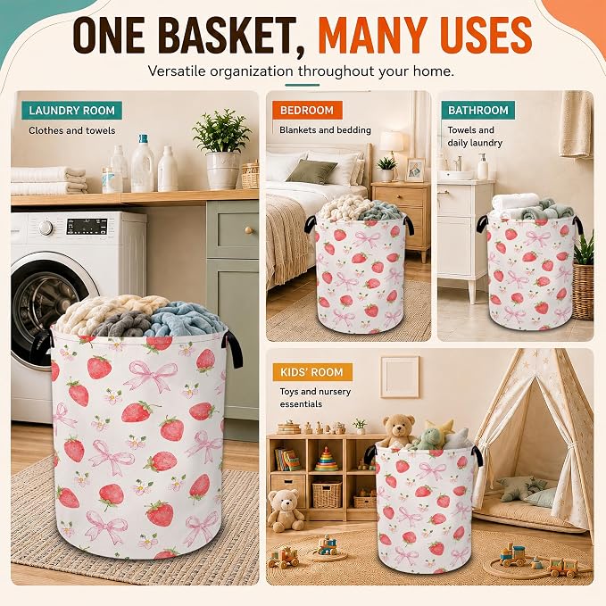 Strawberry Laundry Basket,Pink Bow Flower Foldable Oxford Laundry Hamper with Handles,Collapsible Clothes Storage Bucket Tote Bag for Laundry Room,Bathroom,Bedroom,Dorm