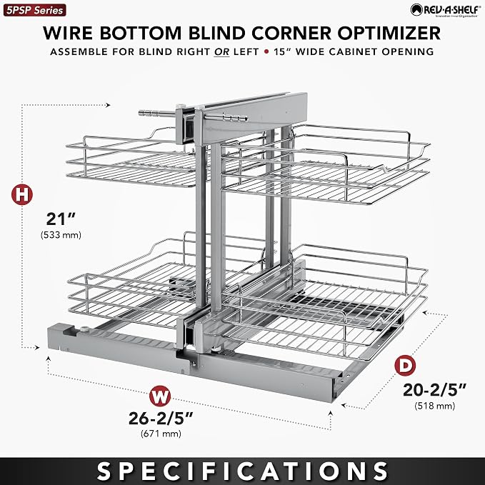 Rev-A-Shelf Chrome Two-Tier Wire Bottom Pullout Organizer with Soft-Close for Blind Corner Base Kitchen Cabinets, Adjustable 4-Basket Storage System, Min Opening Width of 15", 5PSP-15SC-CR