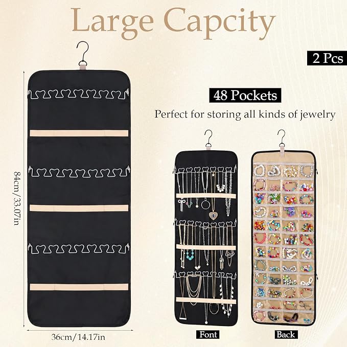 2 Pack Hanging Jewelry Organizer Storage with Hanger and 48 Pockets, Metal Necklace Hooks Double-Sided Jewelry Holder for Earrings, Necklaces, Rings on Closet, Wall, Door, Large, Black