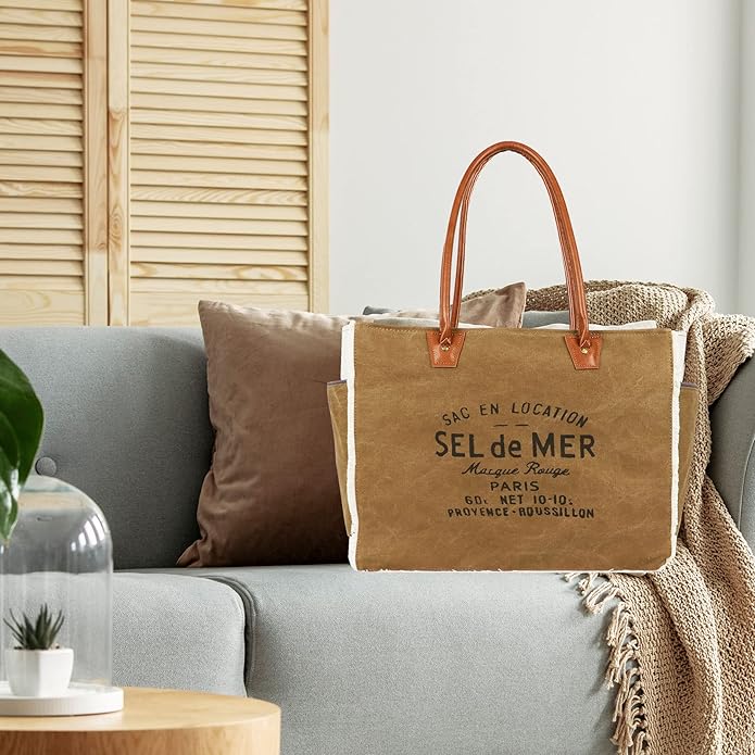 Lamyba Sel De Mer Canvas HandBag Upcycled Canvas Leather Tote Bag