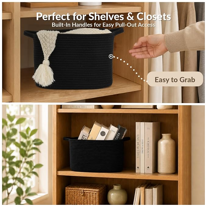 XUANGUO Woven Cotton Rope Storage Basket with Handles 13x10x9 inch Black | Woven cotton rope basket for shelves and closets. Perfect for toys, books, clothes, nursery storage and gift baskets.