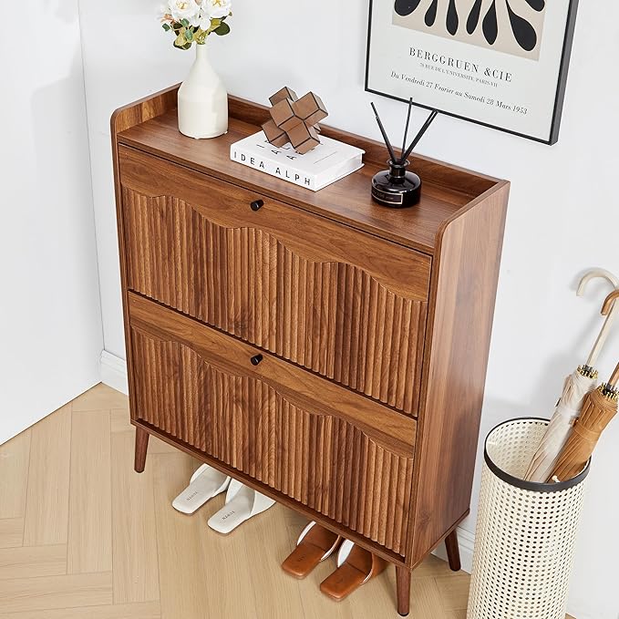 BERRYMERRY 31.5" Fluted Shoe Storage Cabinet with 2 Flip Drawers, Narrow Shoe Storage Organizer Rack with Wave Door for Entryway, Hallway, Living Room