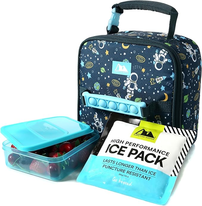 Arctic Zone Kids Lunch Box Combo with Gel Ice Pack and Sandwich Container, Insulated Bag for Travel Lunch, Sensory Fidget Toy Handle, Space Odyssey