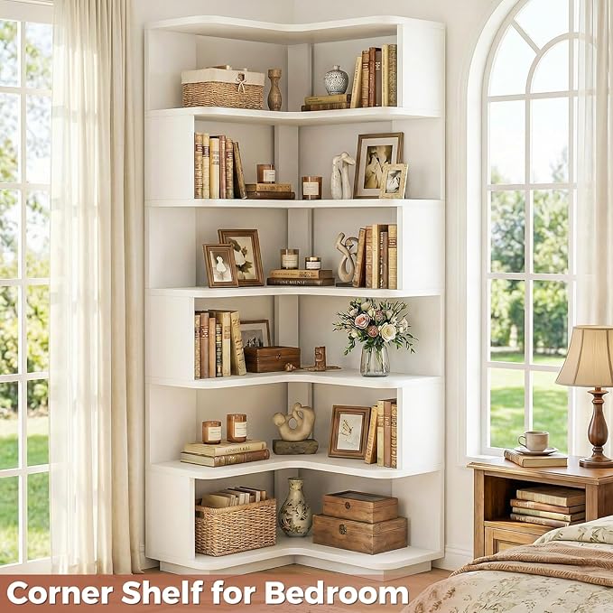 Besiost Corner Book Shelf, 7-Shelf Corner Bookshelf for Small Corner Spaces, L-Shape Bookcase Corner Display Shelf for Home Office, Living Room, Bedroom, Kitchen Pantry, White