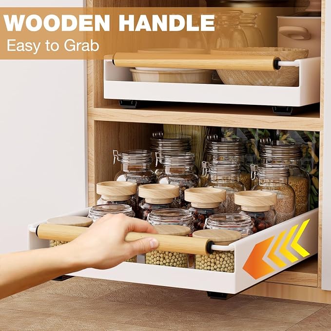 2 Pack Pull out Cabinet Organizer, 16" Deep Pull Out Drawer for Kitchen Cabinets Adhesive with Nano Film, Slide out Cabinet Organizer Shelf for Pantry Bathroom Organization White