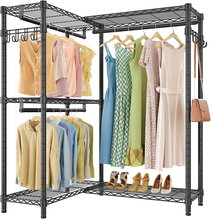 VIPEK L4 Clothes Rack L Shaped Garment Rack for Corner, 810lbs Heavy Duty Portable Closet Metal Clothing Rack, Adjustable Shelving/Sturdy Hanging Rods/Side Hooks, Black