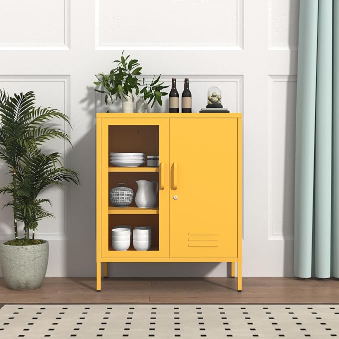 Metal Storage Sideboard with Lock, 33" H 2 Door Storage Cabinets with Adjustable Shelves, Durable Metal Accet Cabinet for Living Room Bedroom Entryway Yellow