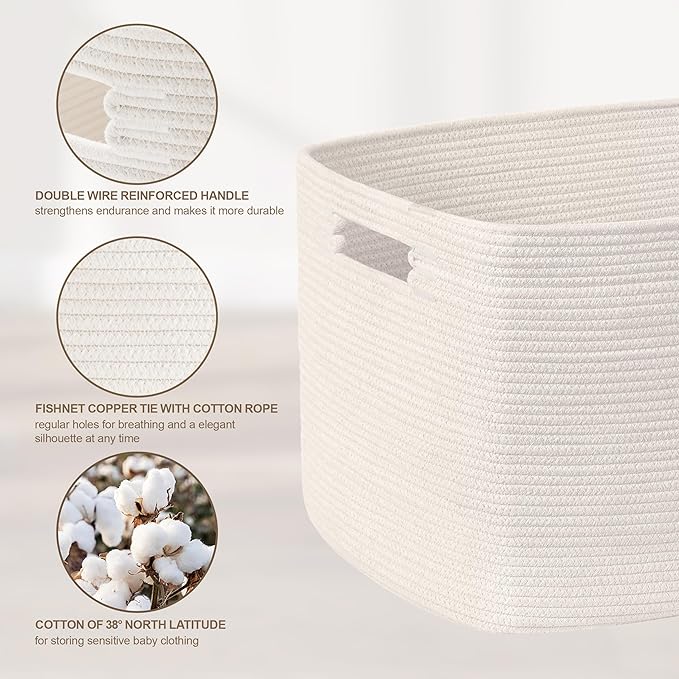 100L Extra Large Woven Laundry Basket Hamper with Handles, White | 24"x16"x16", collapsible wicker hamper, storage for dirty clothes, toys, blankets, gifts, living room, bedroom, bathroom