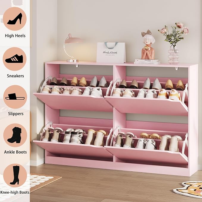 Shoe Storage Cabinet, Wood Shoe Organizer for Entryway with 3 Flip Drawers, Freestanding Shoe Rack with Adjustable Shelf, Narrow Shoe Dresser for Front Door Entrance (Pink, Standard 4 Drawers)