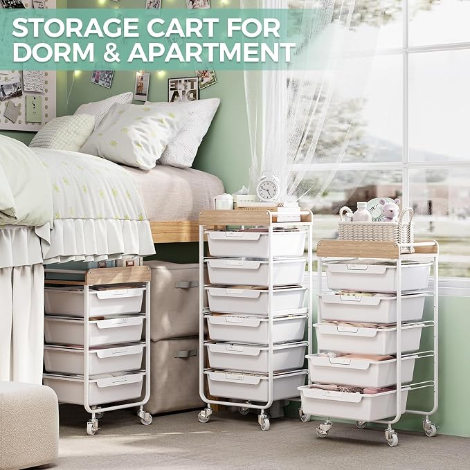 6 Drawer Rolling Cart for Craft Storage,Utility Drawer Organizer with Handle and Wooden Top, Storage on wheels for Office, Classroom,Laundry，Garage, Snack,Art Supply,White
