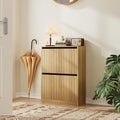 Shoe Storage Cabinet with Vertical Groove Doors 2 Flip Drawers, Narrow Shoe Cabinet Storage for Entryway, Freestanding Shoe Organizer Cabinet, Slim Shoe Rack Cabinet (Natural Oak Grain)