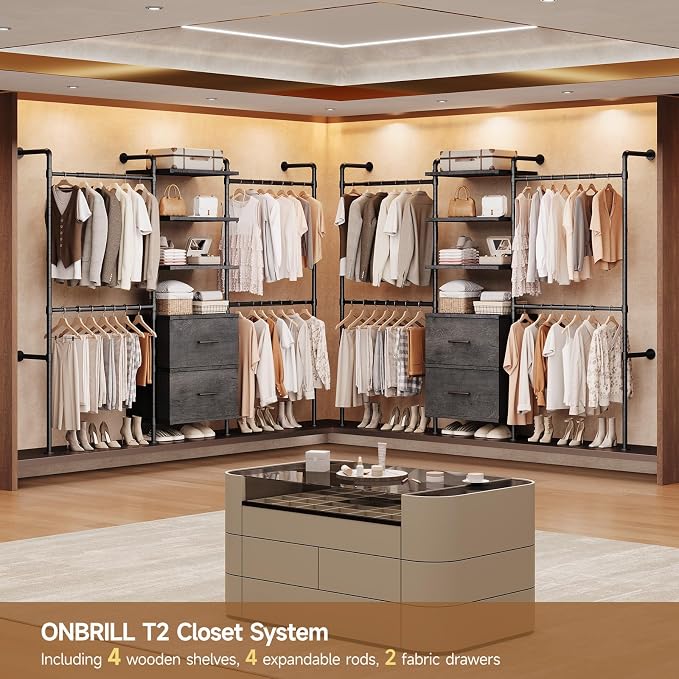 ONBRILL T3 Wall Mounted Industrial Pipe Closet Organizers Storage System | Metal Clothing Rack with 2 Drawers, 6 Wooden Shelves & 4 Expandable Rods, Heavy Duty Garment Rack, Wardrobe (Grey)