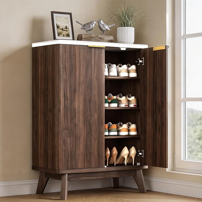 Shoe Cabinet with Doors & Adjustable Shelves, Walnut | Modern Wooden Storage Cabinet for Entryway, Mudroom And Apartment, Reducing Clutter And Dust Buildup