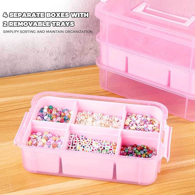 CraftGenes Art Supply Storage Organizer, 4-Tier 10 Qt Box, 2 Trays, Pink | Clear Compartments; Dual Removable Inserts; Carry Handle; Side Latches; Markers, Crayons, Brushes, Jewelry, Accessories