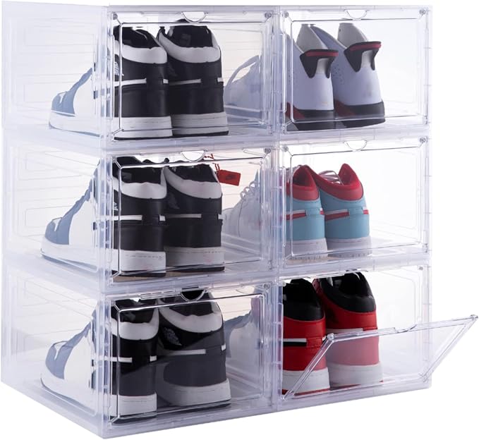 ZLLZUU Shoe Shoe Storage Boxes, 6 Pack Stackable Shoes Organizer Clear | Clear Drop Front, Dustproof Visible Magnetic Door, Stackable, Fits Up to Men's Size 12 High-Top Sneakers, Easy to Assemble