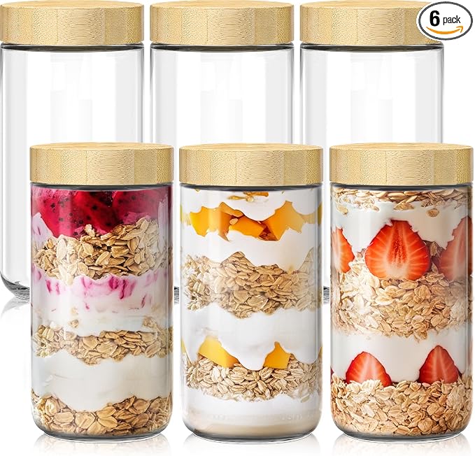 24 oz Glass Overnight Oats Containers, Mason Jars with Bamboo Lids, 6 Pack | Airtight Seal Keeps Leakproof, Wide Mouth for Easy Filling & Cleaning, Ideal for Chia Pudding, Yogurt Parfaits & Meal Prep