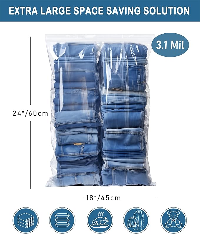 15 Heavy Duty Storage Bags with Zipper Top, 3.1-mil Thick, Extra Large 5 Gallon Bag 18" x 24", Resealable Plastic Bag, Jumbo Freezer Bags for Food, Clothes, Travel, Moving