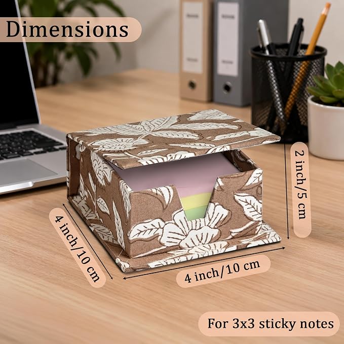 Ridhi Block Print Oak Brown Sticky Note Holder Box for Desk, Aesthetic Memo Pad Organizer, Sticky Note Box Decorative Office Accessory, Stationery Gift for Teachers, Students, Professionals