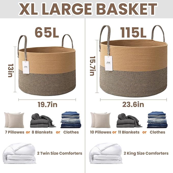 JMvicyroam 65L Extra Large Machine Washable Cotton Rope Blanket Basket | Collapsible laundry hamper, Reinforced handles, For blankets, pillows, toys and clothes, Living room and bedroom, Jute&Black