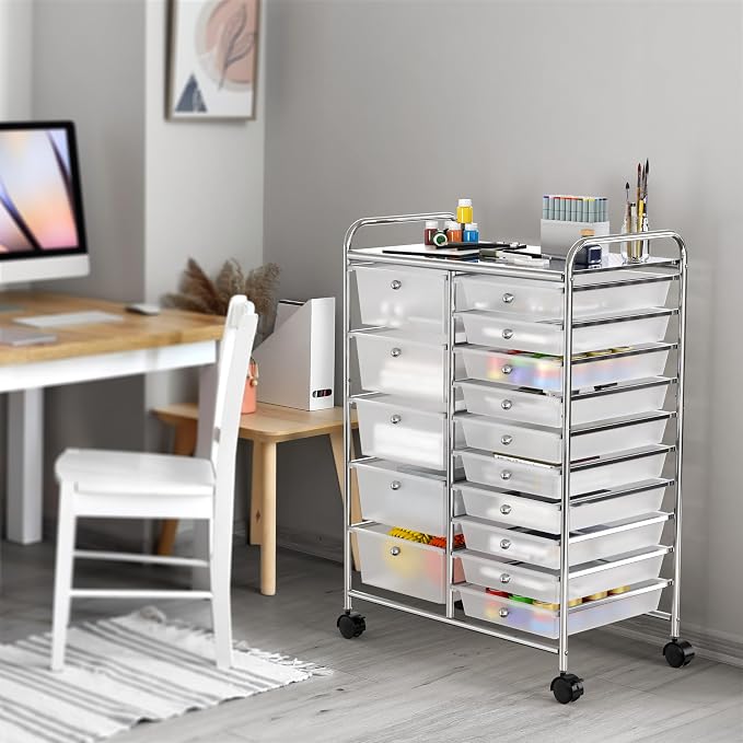 Simple Houseware 15 Drawers Rolling Utility Cart Art Craft Storage, Chrome | 2-Column, 35.8" Height, Lockable Wheels, for School, Office, Art Craft, and Paper Storage