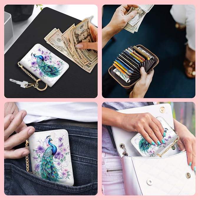 Blusabaca RFID Credit Card Holder Small Women Travel Wallet, Peacock | Removable Keychain, Case with Zipper, Vegan PU Leather, Cash Coin Pocket, Business Accordion Purse, Ladies Female Gift