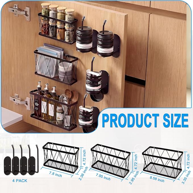 7 Pack Adhesive Multi Size Pantry Door Organizer,3 Cabinet Door Organizer + 4 Cup Lid Holders,Lid Organizers Inside Cabinet Food Container and Storage Cup Lids Holder Kitchen Cabinet Storage