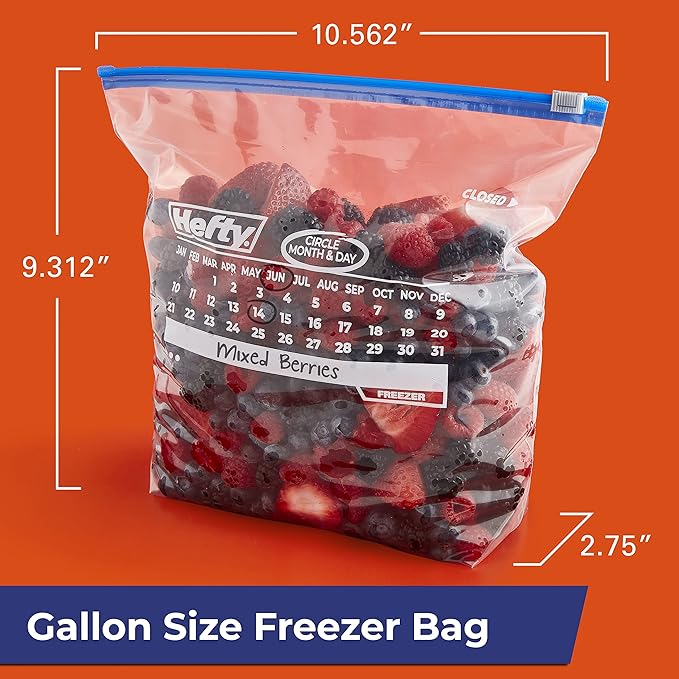 Hefty Calendar Slider Gallon Freezer Bags, 25 Count (Pack of 4), Gallon Slider Bags for Freezer with Calendar Dates, Holds Raw Meat, Soups, Fruits and Veggies, and More, Secure Zip and Click Closure