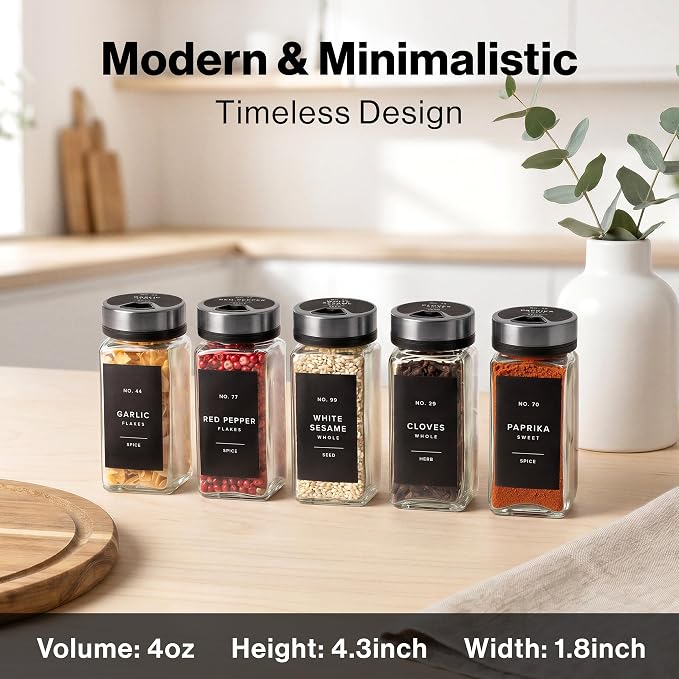 EDELHAUS Glass Spice Jars with Label, Space Gray Sprinkle Lids (24 x 4oz) | Airtight Lids keep spices fresh, Kitchen Spice Drawer Organizer, 4oz Seasoning Containers incl. Funnel, Brush & 240 Labels
