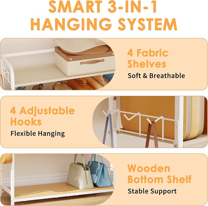 Purse Organizer for Closet, Extra Long 5-Tier Tall Purse Rack Stand with Adjustable Shelves & 12 Hooks, Large Capacity Purse Storage Display Shelf for Tote Bags, Crossbody Bags, Handbag, Dressing Room