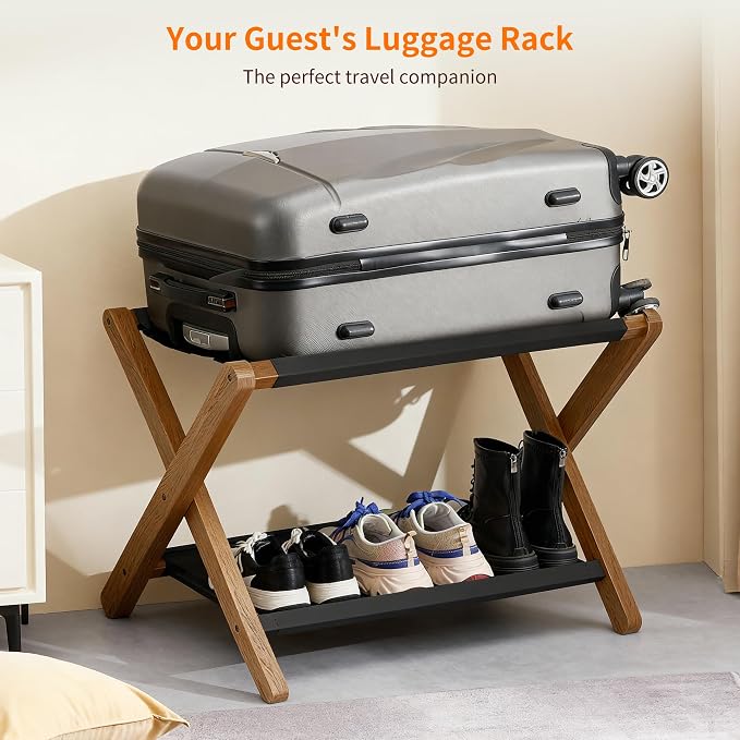 Heybly Luggage Rack, Pack of 2, Folding Suitcase Stand with Storage Shelf, Heavy-Duty Luggage Holder for Guest Room Bedroom Hotel, Holds up to 165 lb, Walnut, HLR010WB2