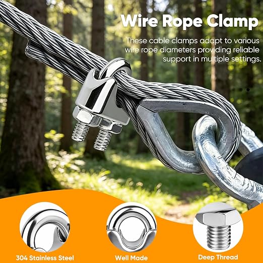40Pcs 1/4 inch 304 Stainless Steel Wire Rope Cable Clamp,M6 Wire Rope Clips U Bolt Saddle Fastener for Tent Ropes and Rigging Rope